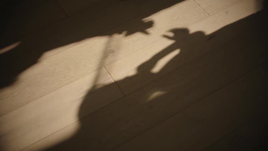 Shadows of two kids playing move across the wooden floor