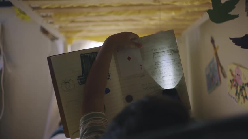 Boy lying down reading a book with a flashlight