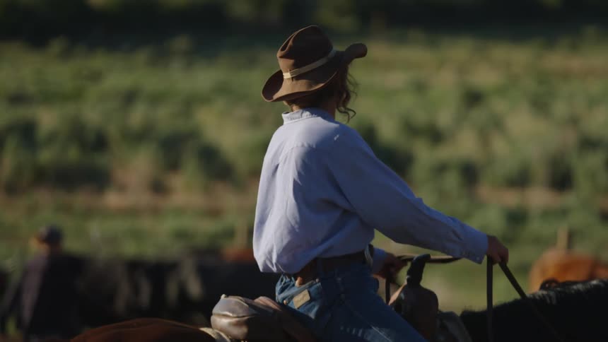 A woman on horseback rides across a farm looking at horses workers and cows