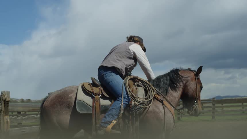A woman getting up on a horses back then patting it on the neck and making it turn around