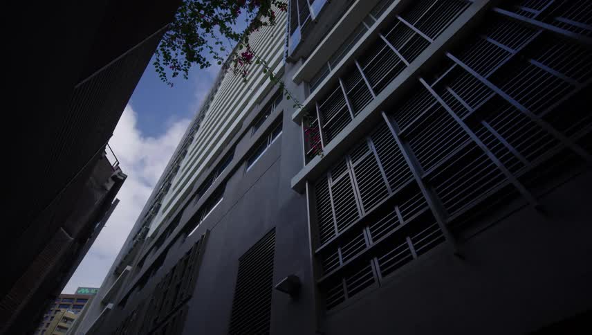 A street view of a skyscraper
