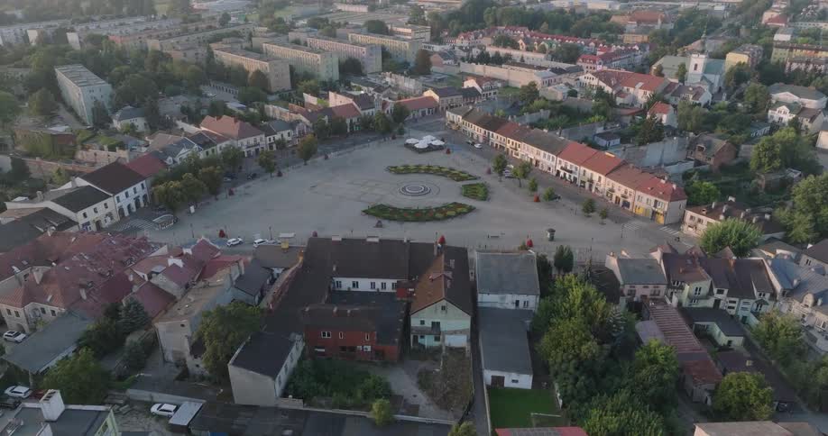 Aerial view of a public square in the center of an urban neighborhood