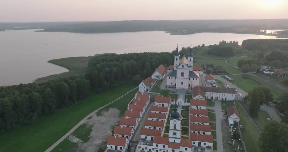Aerial view of a church on an island
