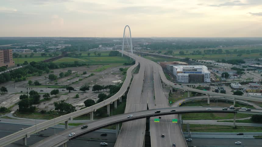 Aerial view of a highway with several intersections and vehicle traffic