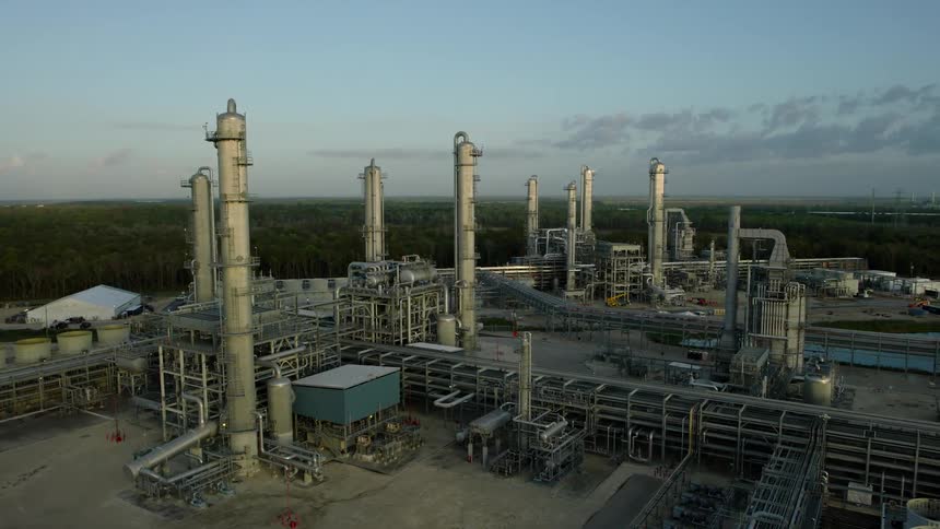 A factory with metal structures and some large towers full of stairs