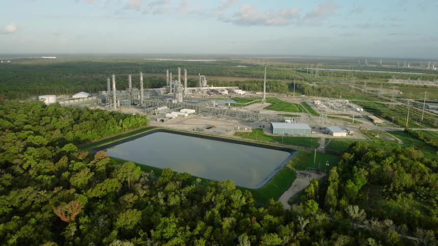 Aerial view of a pond with water surrounded by vegetation on the edge of a refinery factory