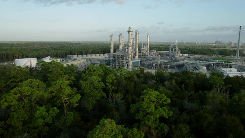 Aerial view of a large industrial facility with several tall structures surrounded by dense vegetation