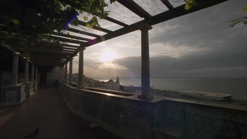 Corridor with vines by the sea and the sun on the horizon