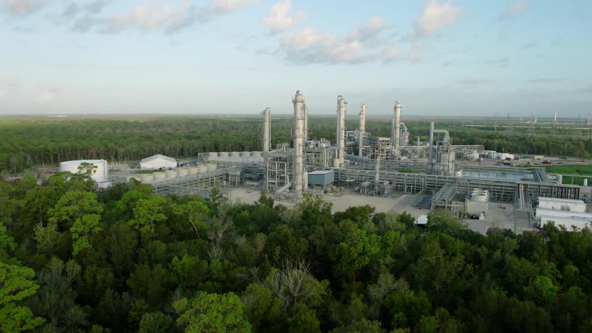 An aerial clip of a factory in the forest