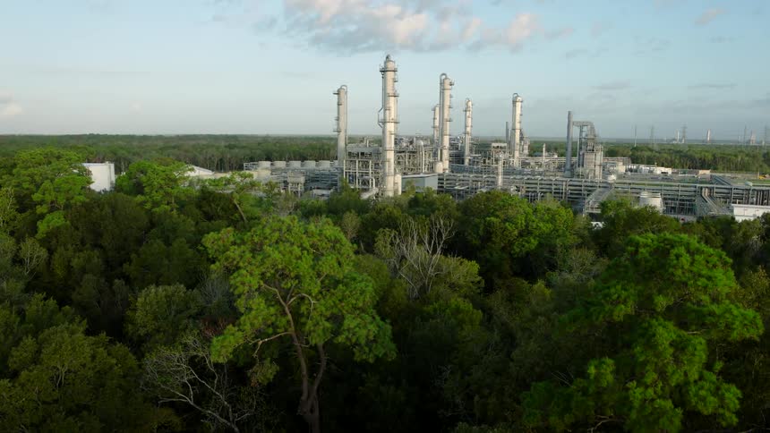 Aerial view of a factory in a location surrounded by trees