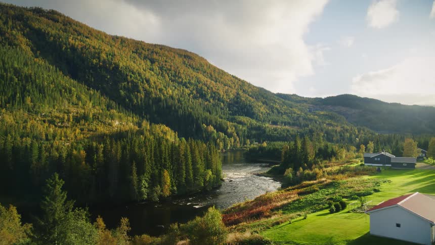 Scenic landscape with a meandering river surrounded by lush greenery and trees in fall colors