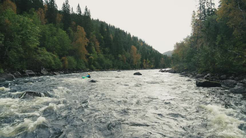 Person paddles kayak towards whitewater rapids on a river enclosed by forest