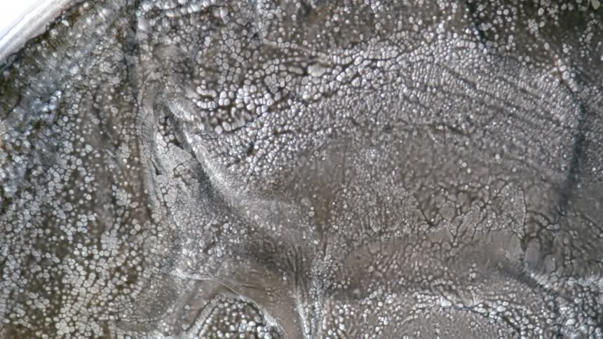 Crystals coat the textured surface of a dark gray object