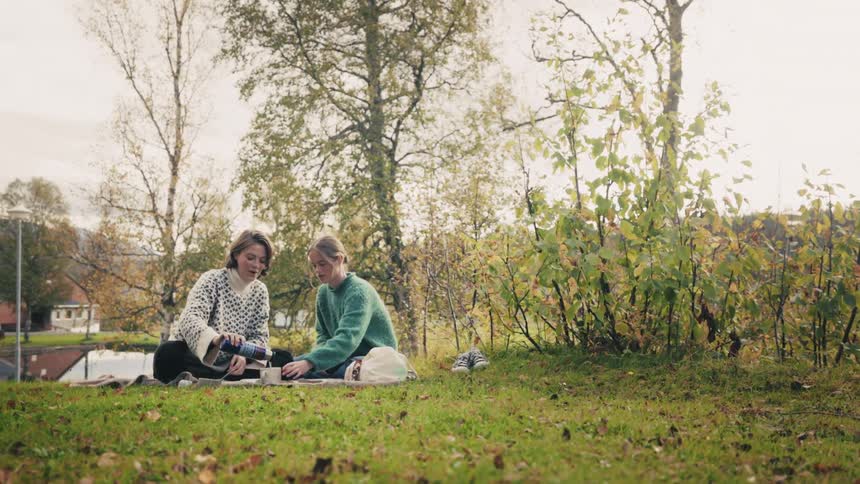 Two friends having a picnic on a grassy slope with trees and houses in the distance