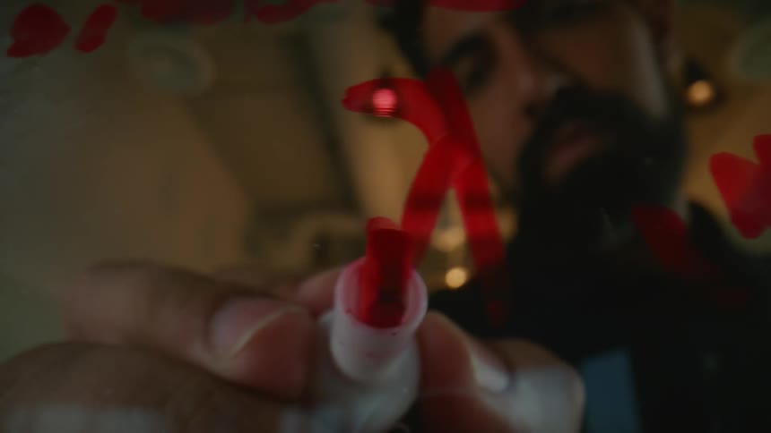 Man with a red marker writing on the window
