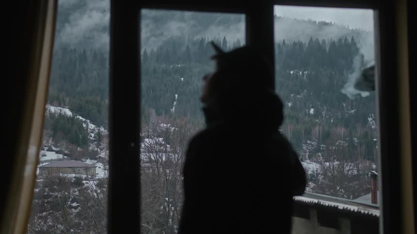 A man is looking out the window at a mountain