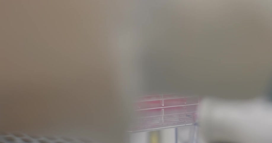 Laboratory worker closes a container while working at a counter near multiple vials