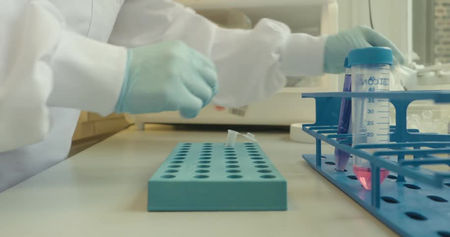 Gloved hands handle laboratory equipment