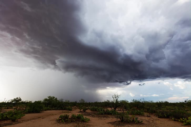 Storm clouds swirl and gather above trees and brush in red soil