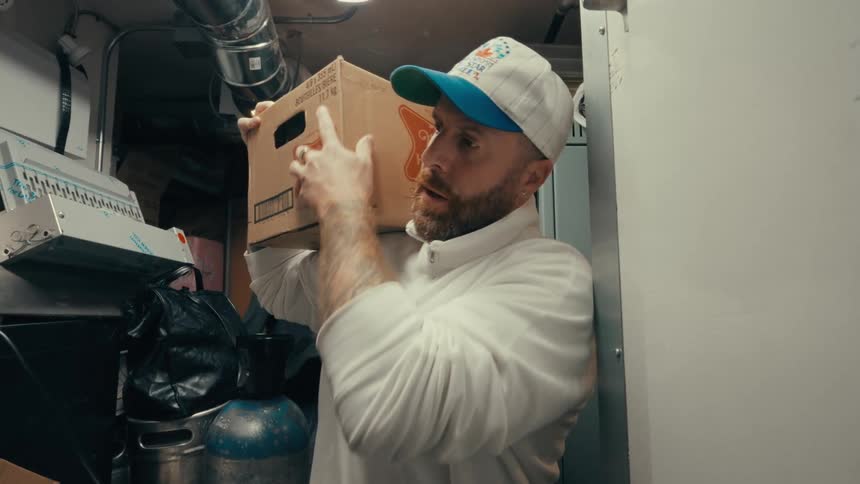 Man in an indoor warehouse space carrying a box on his shoulder