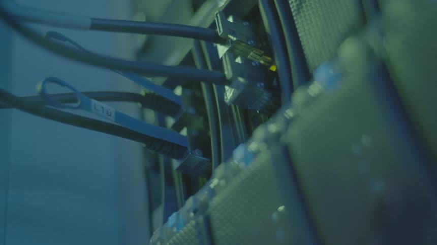 A close up shot of blue and black cables connecting to a server rack