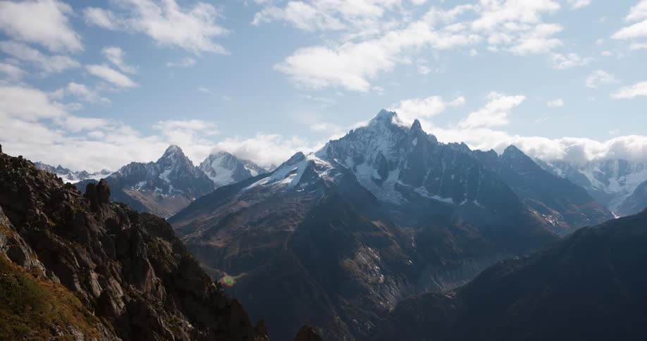 Landscape of mountain ranges with cliffs and snowy peaks
