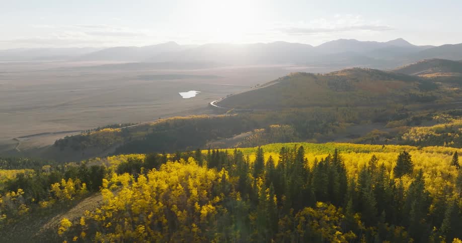 Fog covers the green and yellow landscape