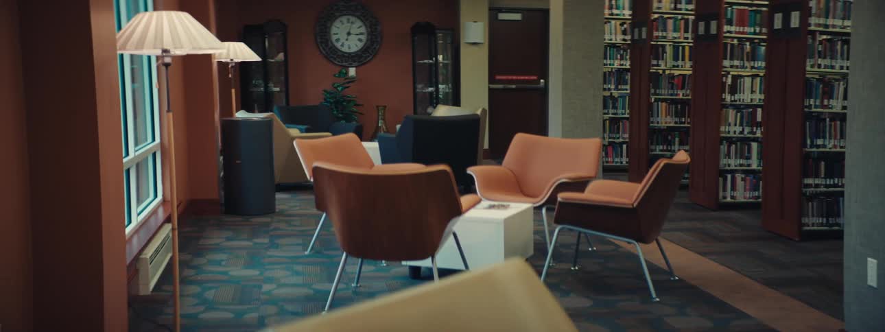 Library with chairs and shelves with books