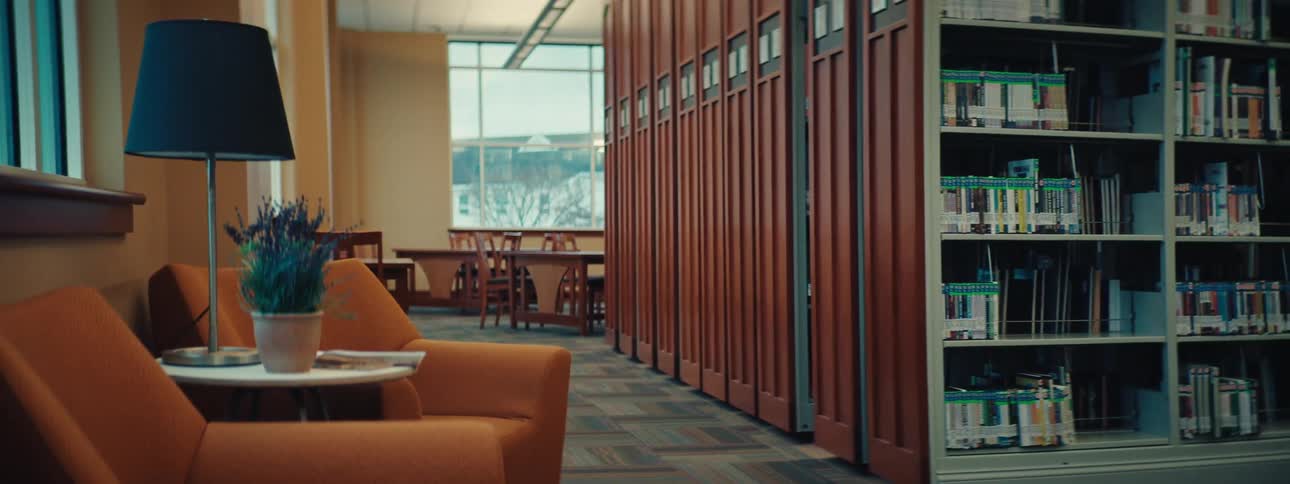 Chairs and lamps next to bookshelves in a library