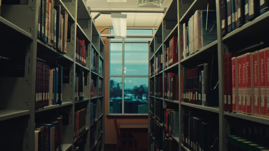 A quiet library aisle lined with bookshelves with a large window overlooking a cityscape in the distance