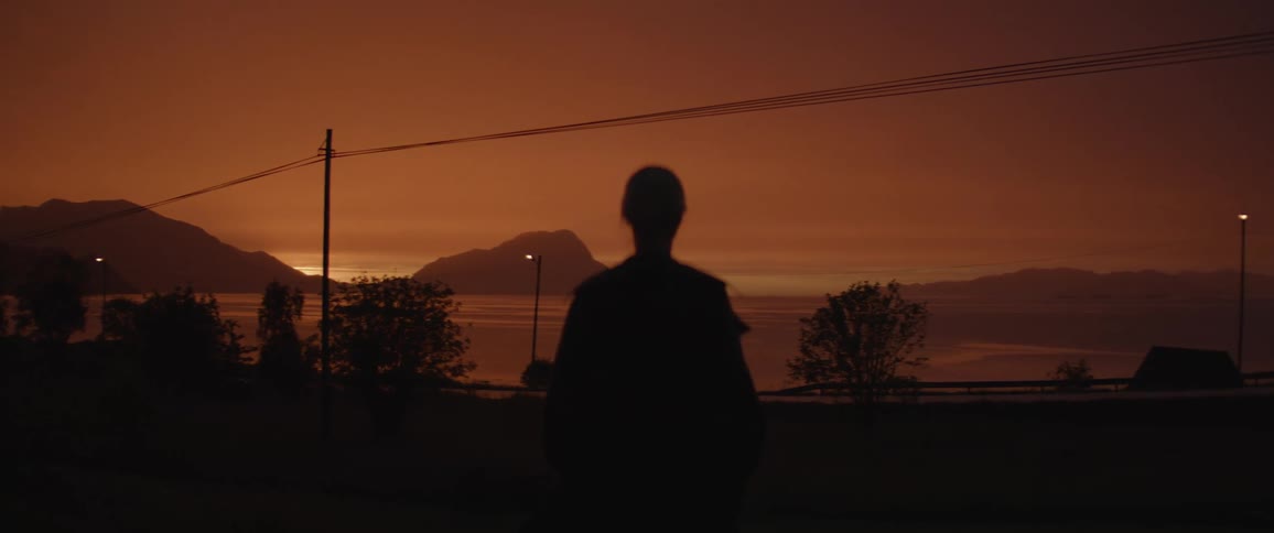 A person is standing in the dark at sunset