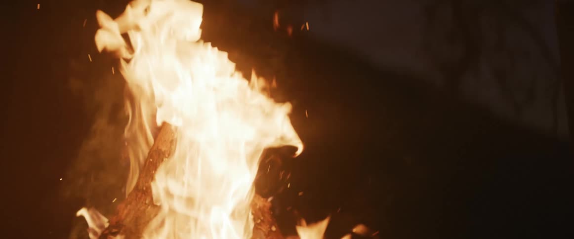 A campfire burns at night