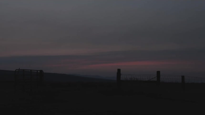 Landscape of a green field with the sea in the background and the horizon in shades of purple and red