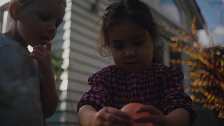 Two children in a backyard playing with a balloon