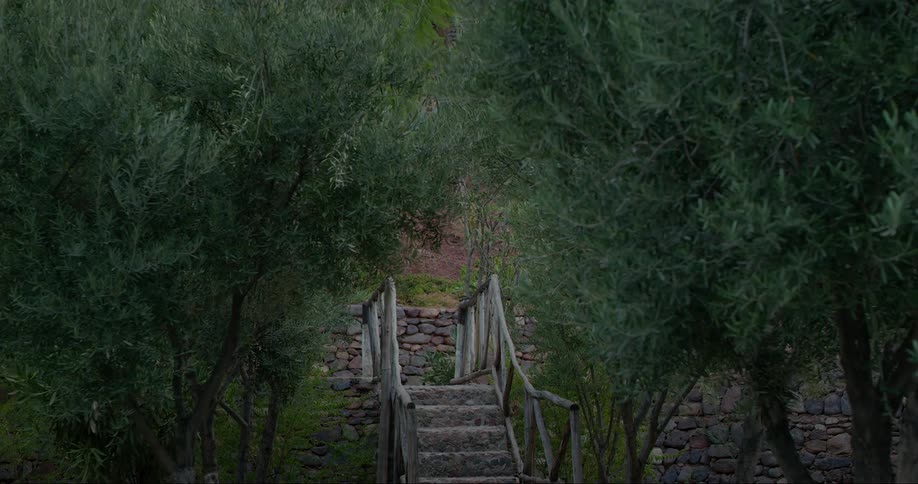 Outdoor staircase leads to the top of the first of two stone retaining walls