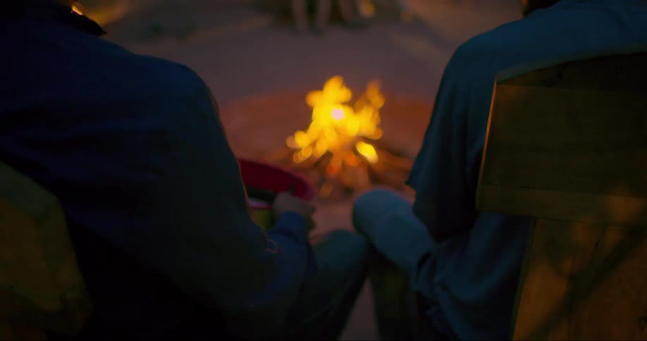 Two people sit outdoors around a campfire at night