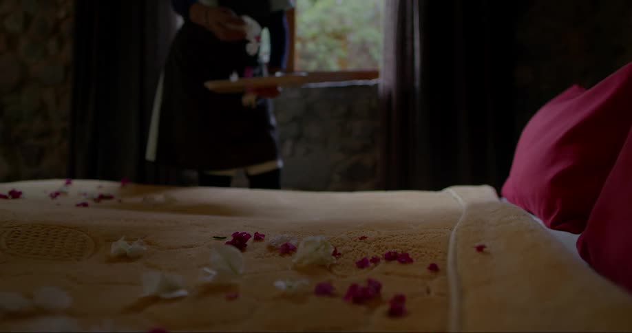 A close up of a person scattering flower petals over a bed