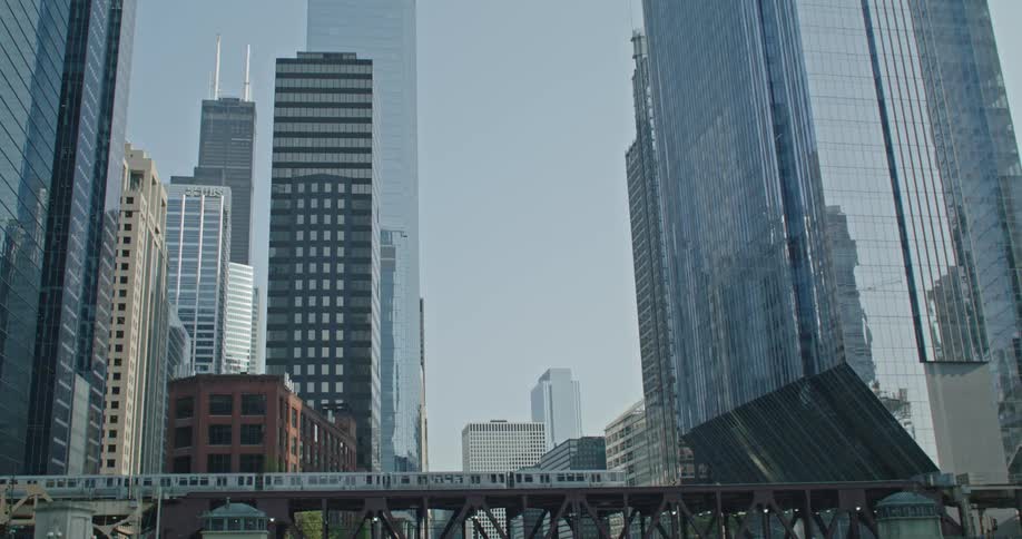 A clip of a citys rail system and high rise buildings in Dubai