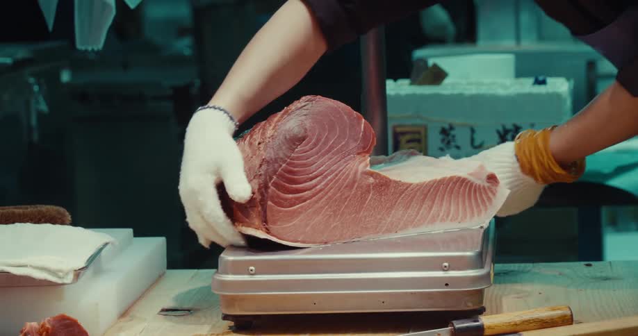 Hand with gloves weighing slice of a raw fish on a scale