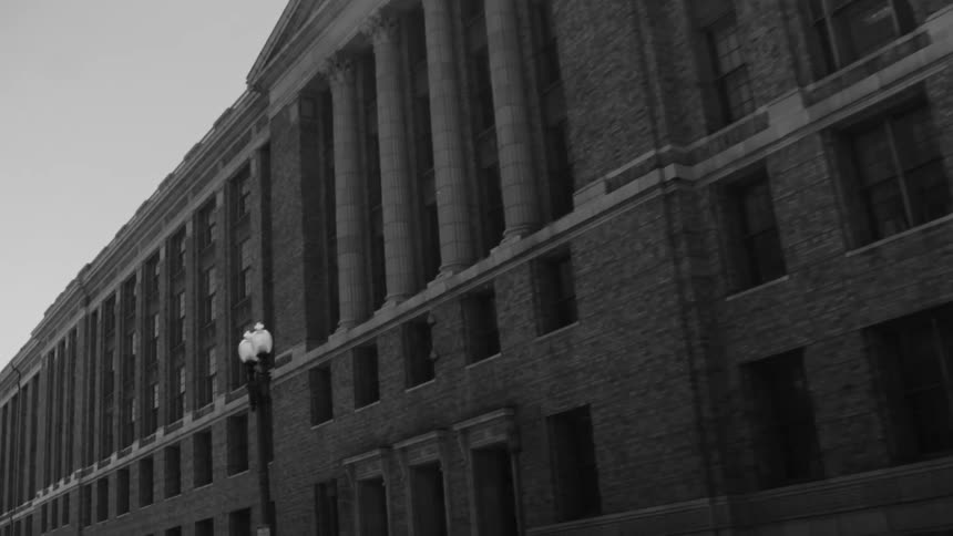 Trees and street lamps stand outside a large government style building