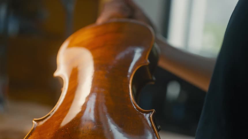 Hand holding and turning from side to side a varnished wooden violin