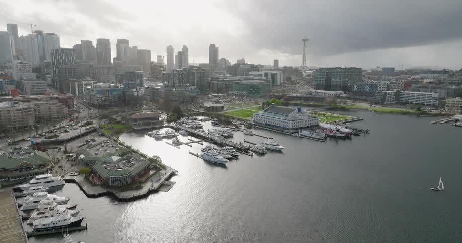 Sunshine reflects from the water along South Lake Union on a partly cloudy winter afternoon