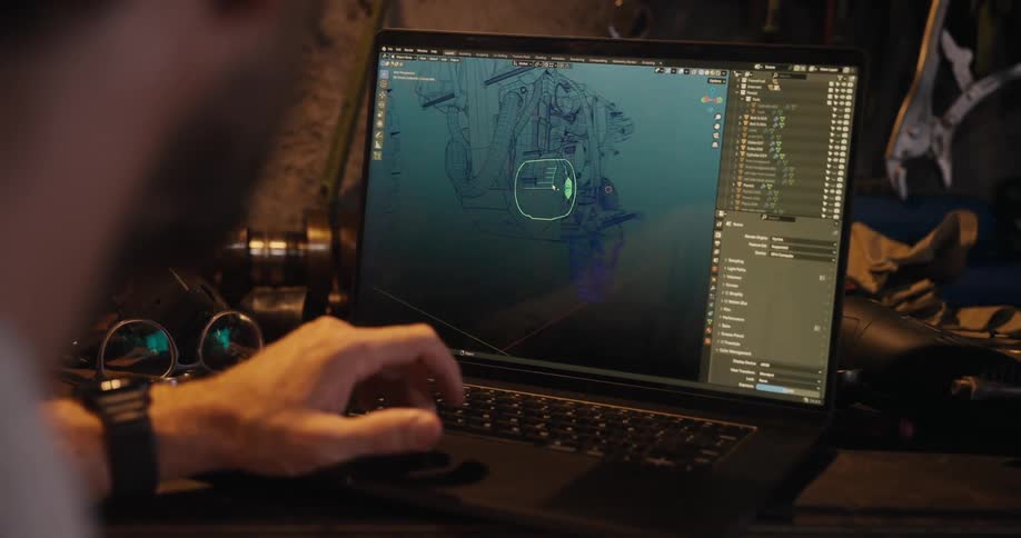 A man is working on a laptop in a workshoplike setting using 3d modeling software displaying a complex mechanical structure with wireframes and multiple layers