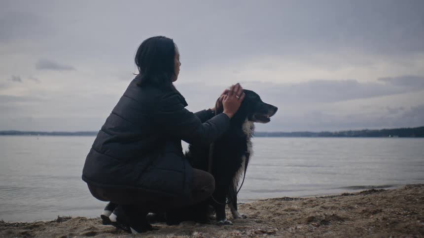 Woman on the seashore petting a dog