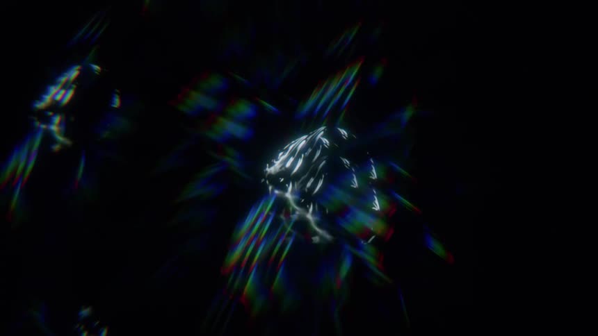 A collection of abstract iridescent shapes float against a dark background