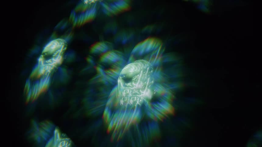 Multi colored lights form patterns around bright white morphing centers in faceted object