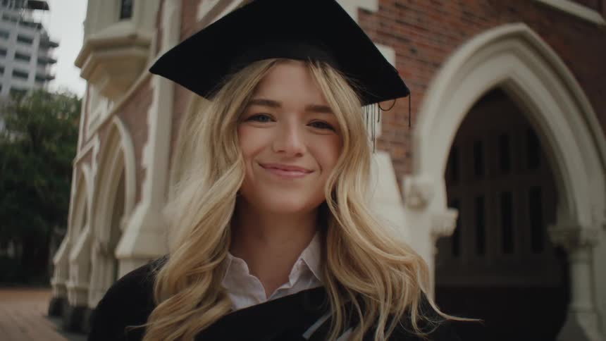 Portrait of a young blonde woman in graduation attire