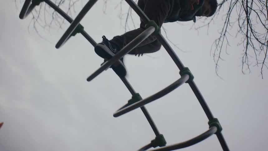 Person balances walking over jungle gym outdoors under a tree branch
