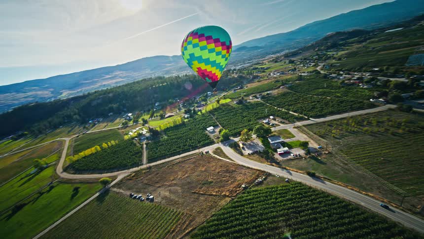A colorful hot air balloon floats above a rural landscape with vineyards and orchards