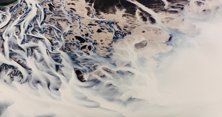 Aerial view of a landscape covered in snow and ice
